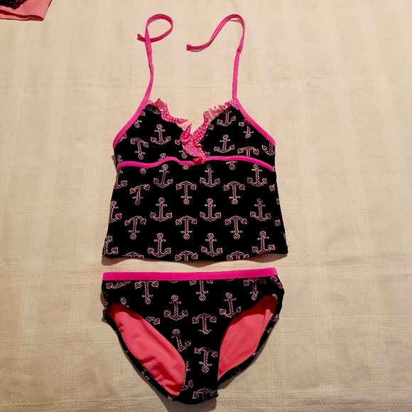 Xhilaration girls size Large or 10/12 blue with pink anchor design 2 piece swim - Picture 1 of 8